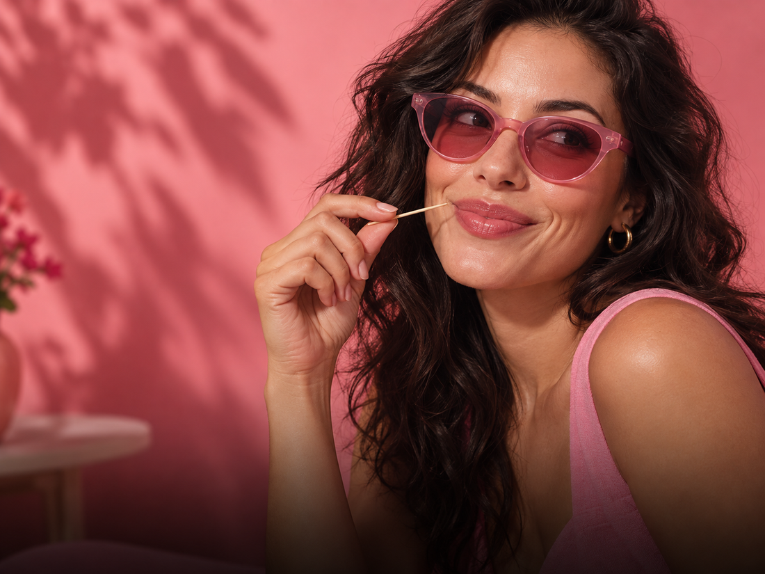 Woman in pink sunglasses enjoying a flavored pick