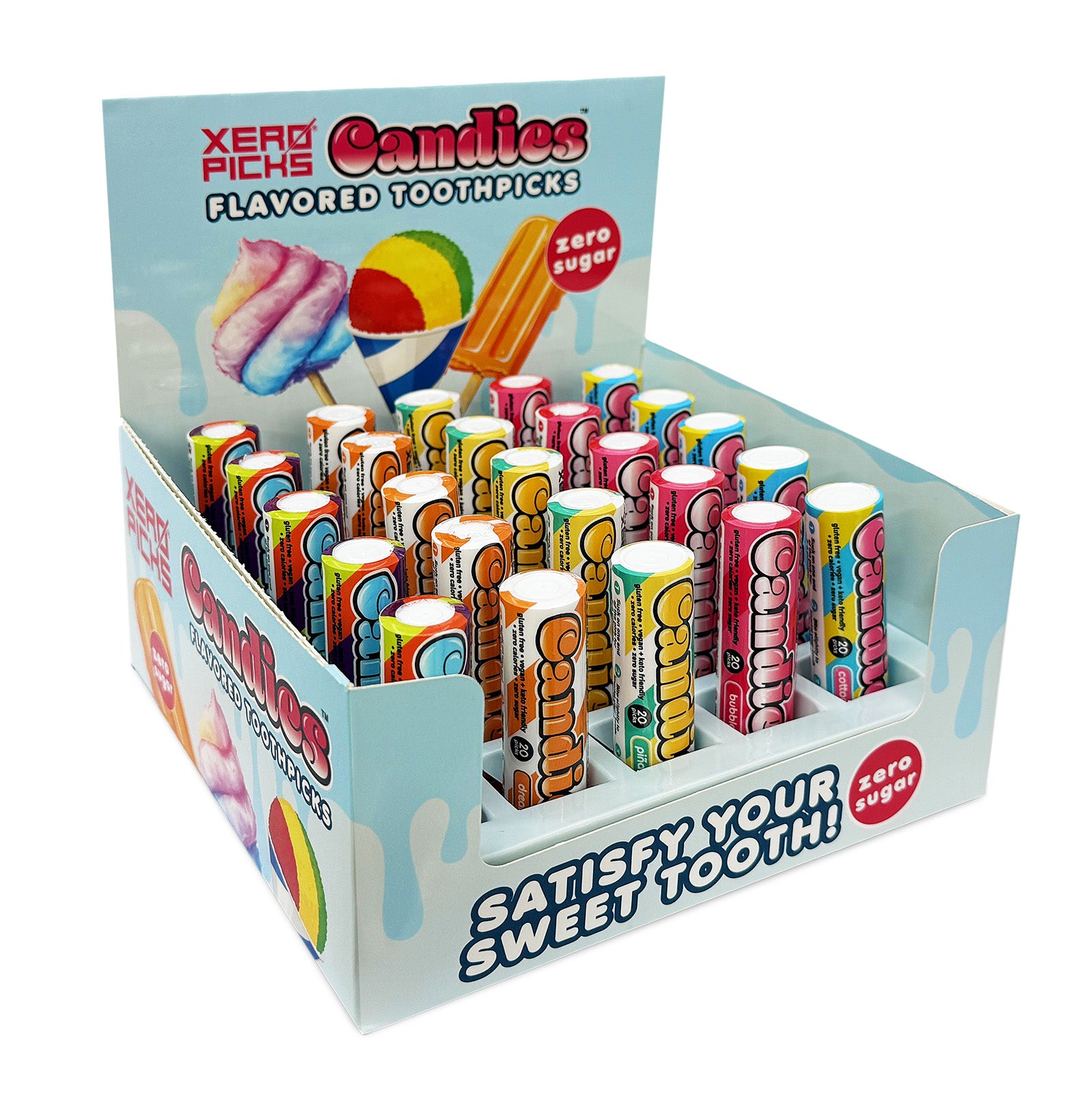 Display box of Xero Piches Candies flavored toothpicks.