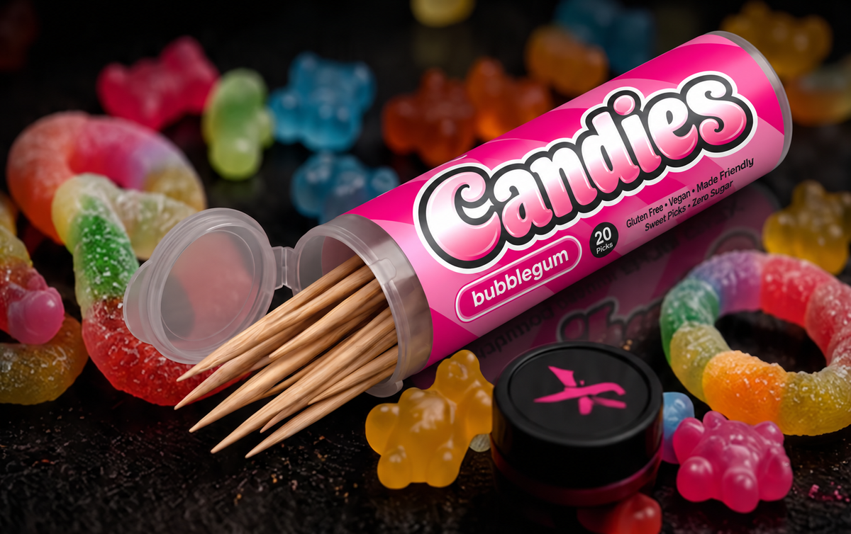 Open Xero Picks Candies tube with flavored toothpicks and candy-inspired flavors