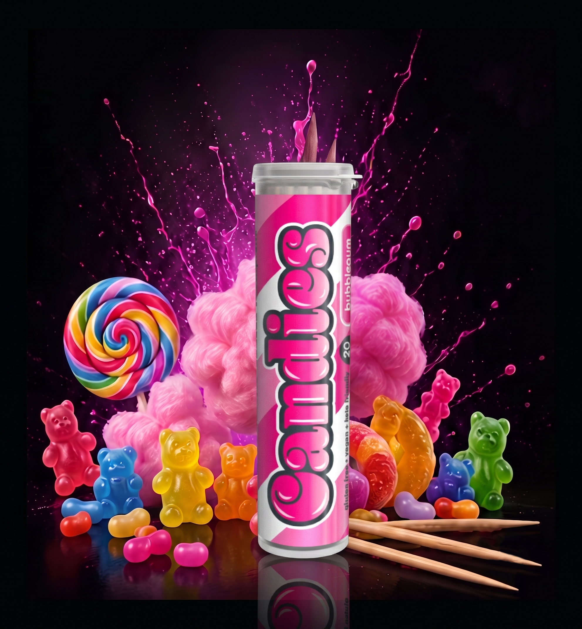 Xero Picks Candies tube surrounded by colorful candy-inspired flavors