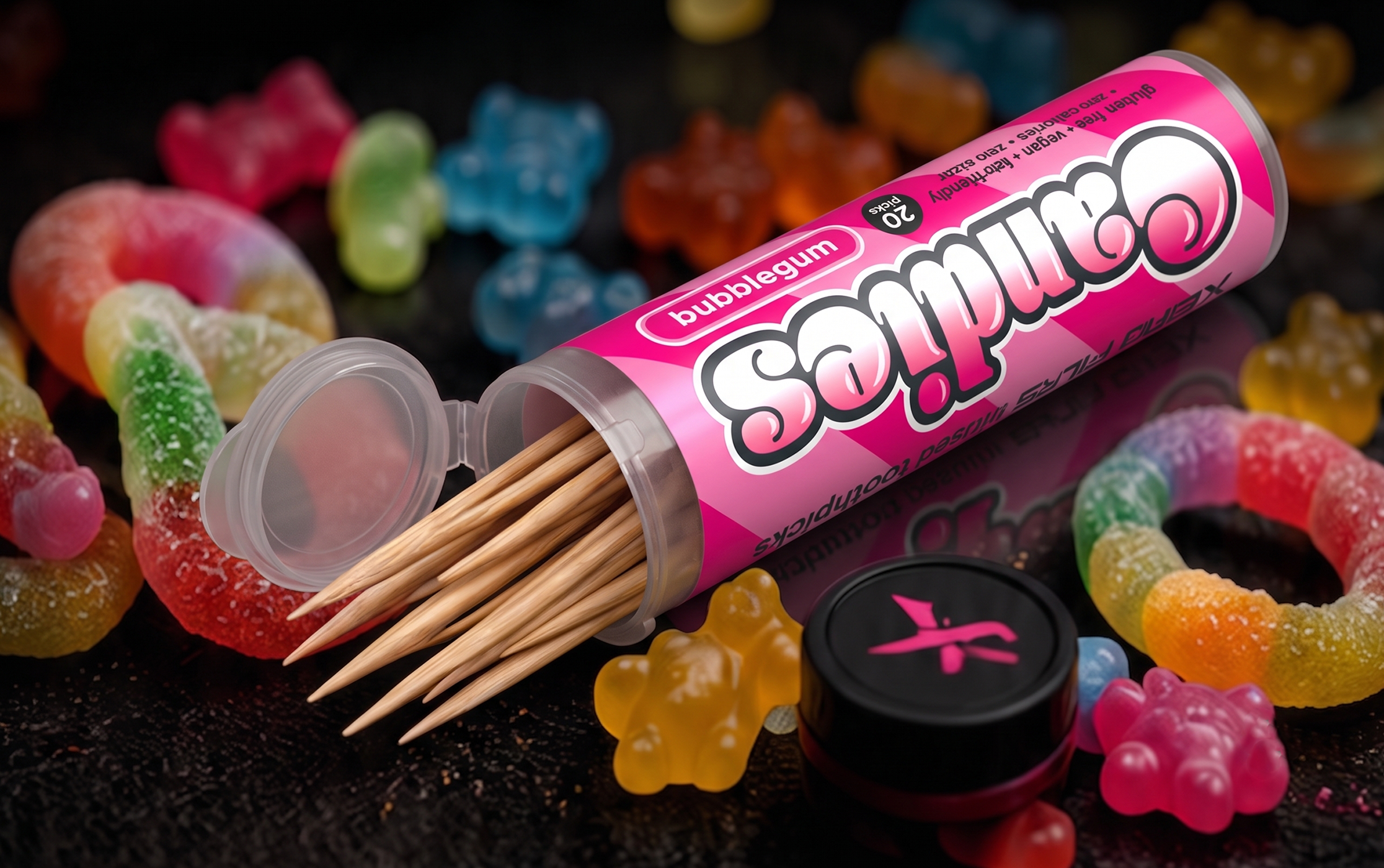Open Xero Picks Candies tube with flavored toothpicks and candy-inspired flavors