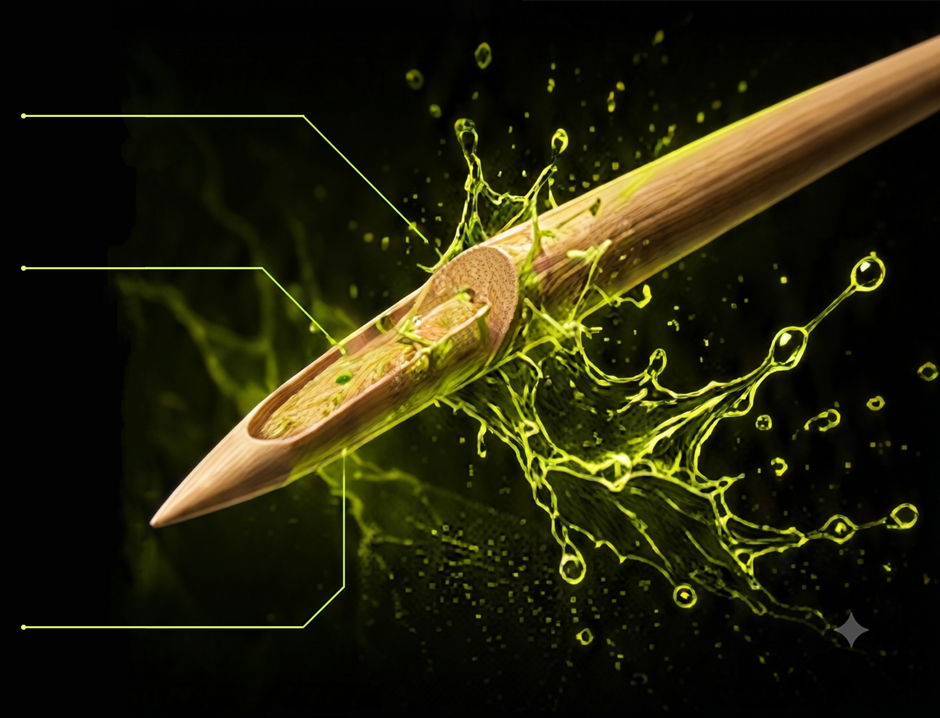 Close-up of a Xero Picks Energy infused toothpick with green energy effects