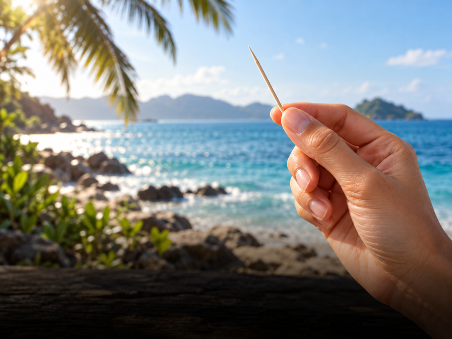 Hand holding a toothpick beside the ocean
