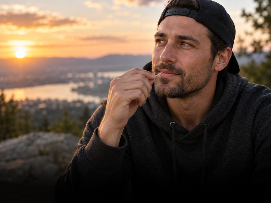 Man holding a toothpick at sunset