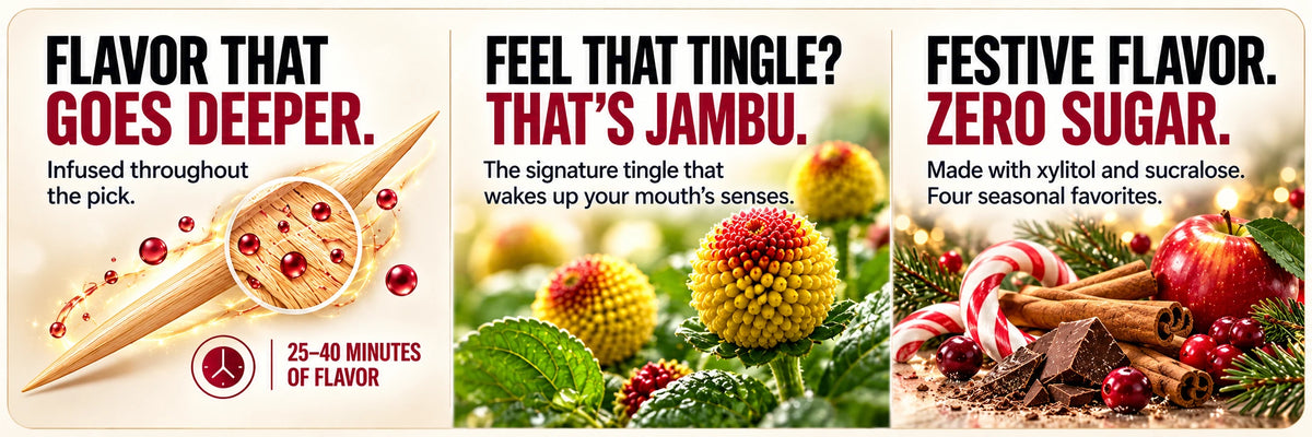 Holiday: flavor infused throughout the pick, 25–40 minutes of flavor. Jambu: the signature tingle that wakes up your mouth’s senses. FESTIVE FLAVOR. ZERO SUGAR. Made with xylitol and sucralose. Four seasonal favorites.