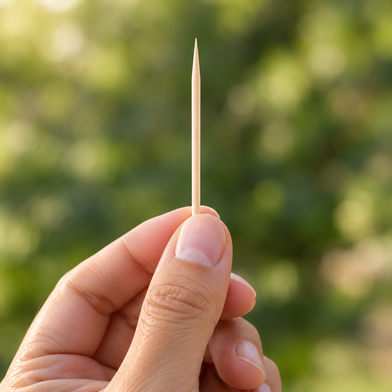 A hand holding a single toothpick