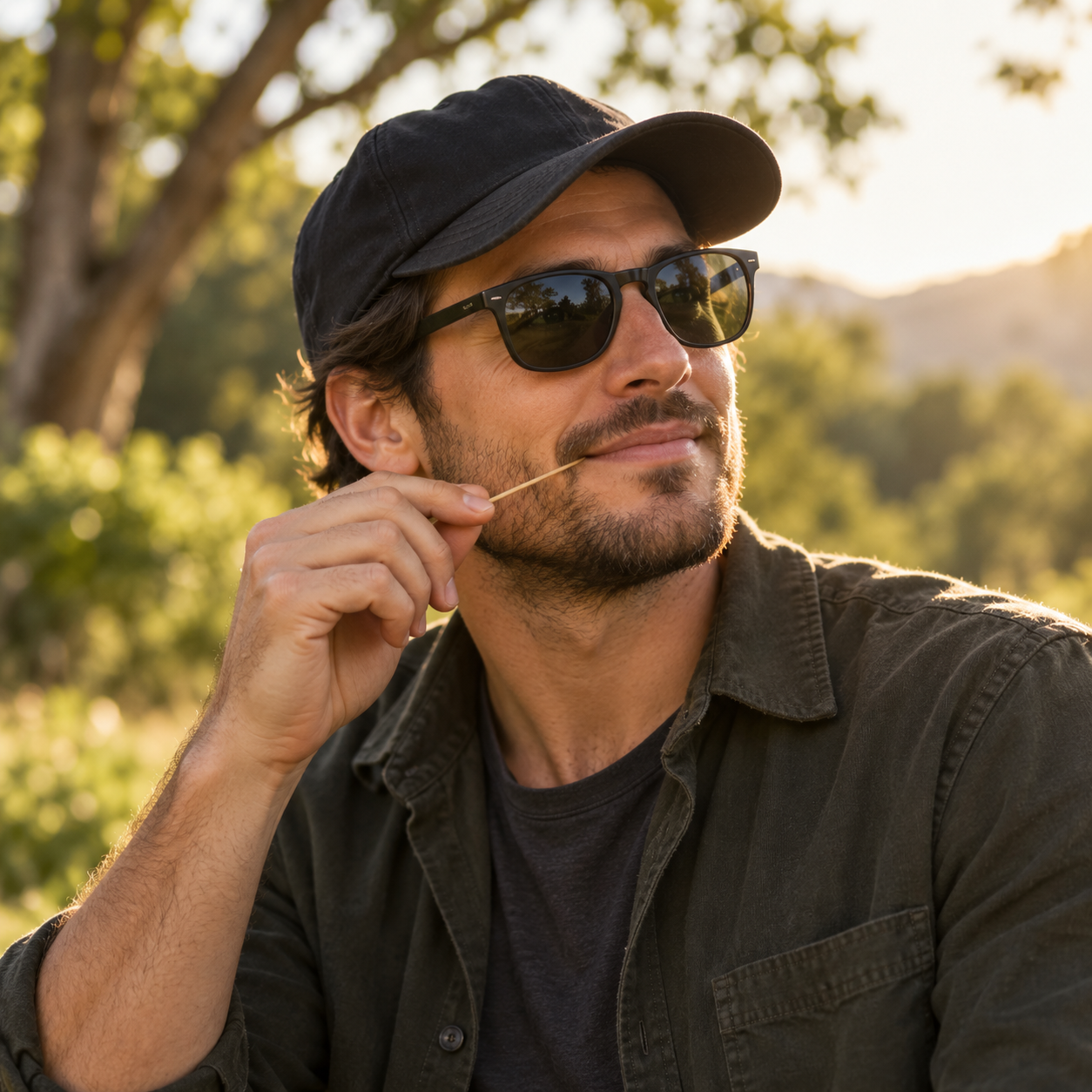 A man enjoying a toothpick outdoors